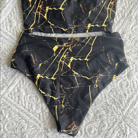 NWOT ZAFUL Black and Gold Marble Print Bikini Set high waist tummy control 6 - Picture 5 of 9